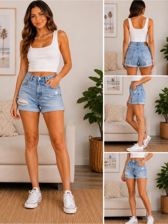 American Eagle Outfitters Pants - American Eagle Mom Denim Shorts Womens Size 2 Distressed Cuffed Light Wash